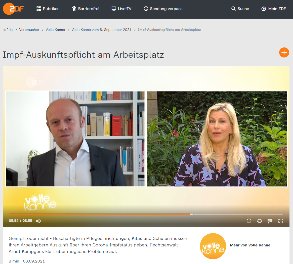 ZDF 8.9.21: Anspruch auf Auskunft Impfstatus ausgeweitet. Das gilt ab sofort. RA Kempgens im ZDF Live-Interview