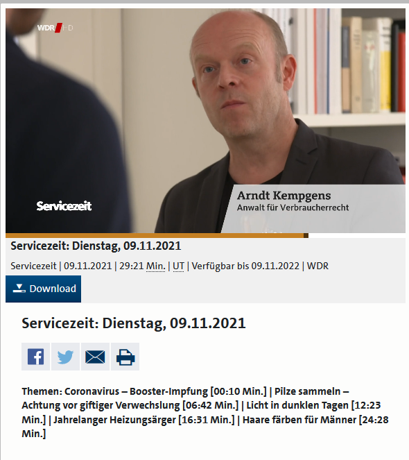 WDR TV 9.11. Was tun bei Ärger mit Heizung. RA Kempgens im Interview