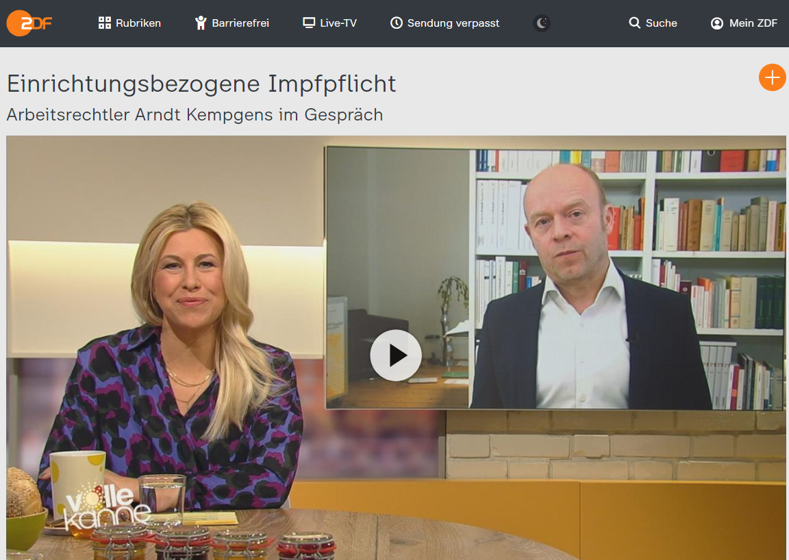 ZDF live 27.1.22: Einrichtungsbezogene Impfpflicht auf dem Prüfstand. RA Kempgens im ZDF Live-Interview zu allen Hintergründen und Rechtsfragen.