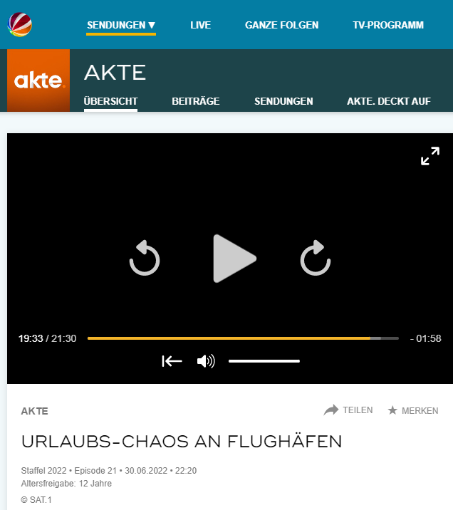 30.6.22: Chaos an den Flughäfen. RA Kempgens live im Akte-Studio in München-Unterföhring. Hie geht es zum Sendemitschnitt.